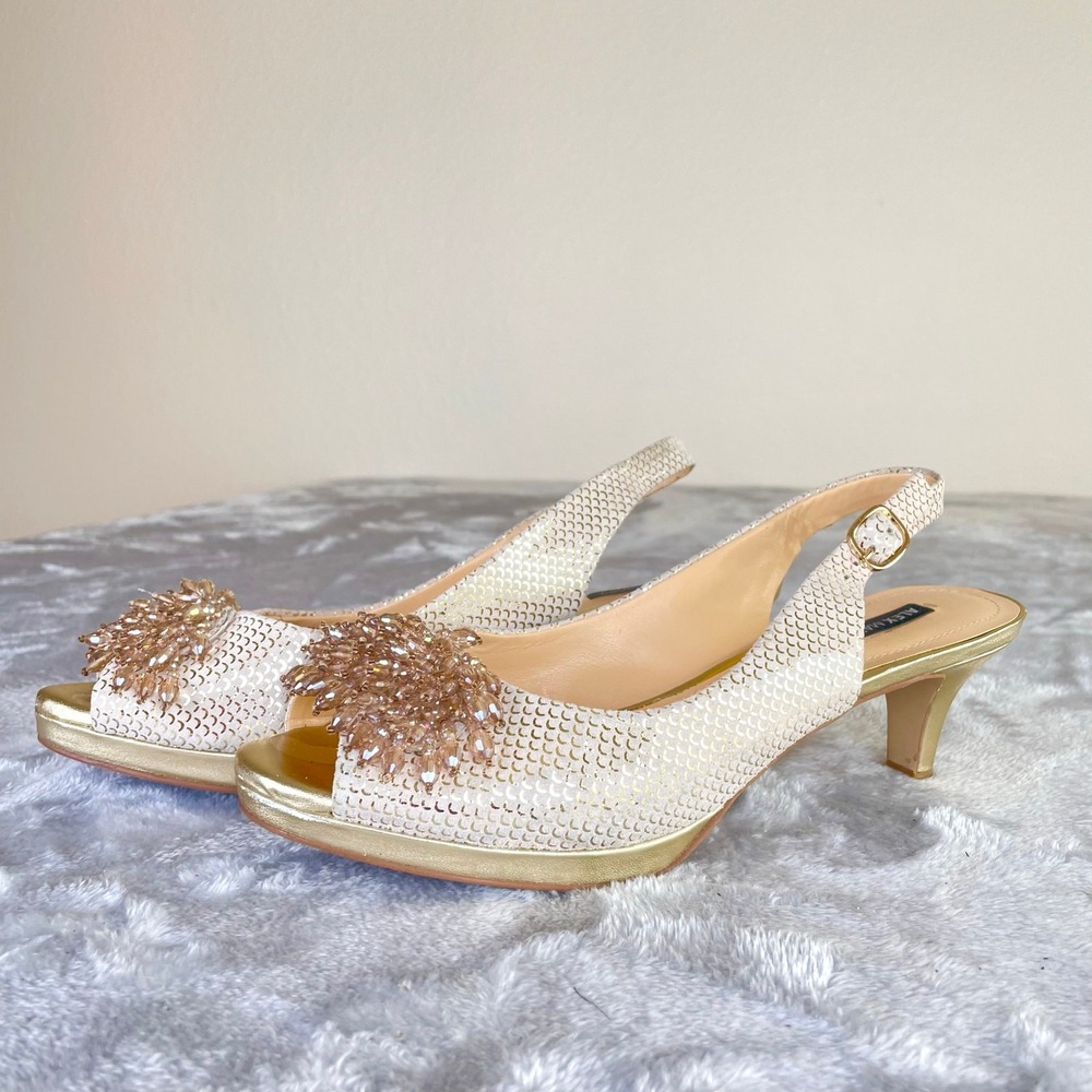 Womens Kitten Heels Sz 8 Rhinestone Fairy Regency Sling Back Retro Glam Party - Picture 8 of 11